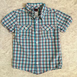 Tea Collection Boys Button Down Dress Shirt Size 4 Plaid Short Sleeve Collared